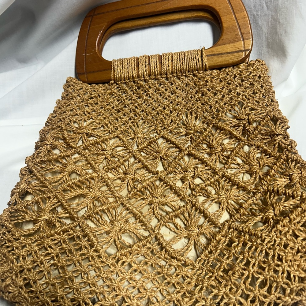 Vintage Macrame Wooden Rectangle Handle Purse 1970s 1980s  Boho - Picture 9 of 11